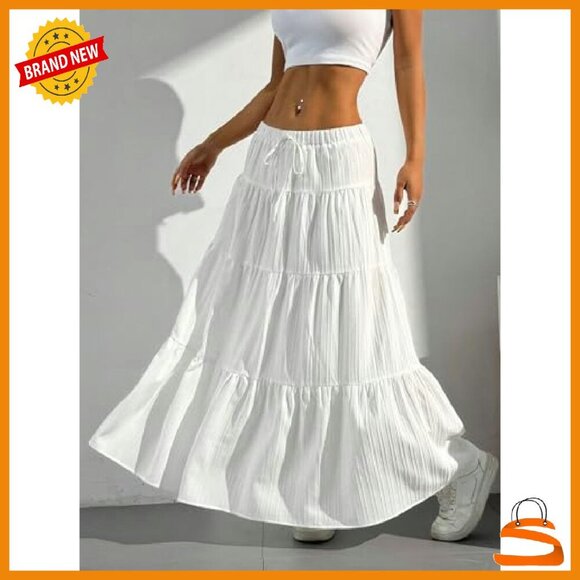 Boho Flowy Maxi Skirt with Ruffle Hem, Soft Fabric, A-Line Fit - Picture 7 of 8